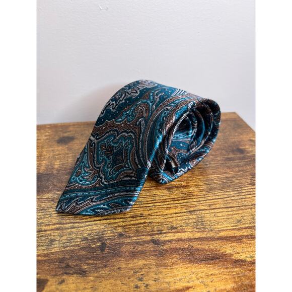 1980s Givenchy Monsieur Brown Turquoise Teal Paisley Old Money Silk Mens Tie - Picture 1 of 6